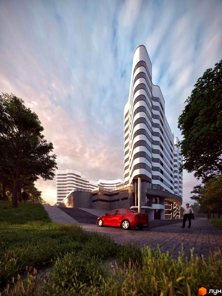 Зображення будинку на вулиці Степана Бандери. Багатоповерхова будівля з білим фасадом та панорамними вікнами, поруч зелена територія.