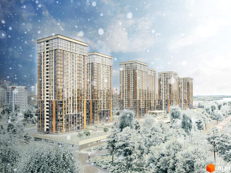 Житловий комплекс Урлівський-1 у зимовому пейзажі. Сучасні висотні будинки з панорамними вікнами оточені засніженими деревами та парковою зоною.