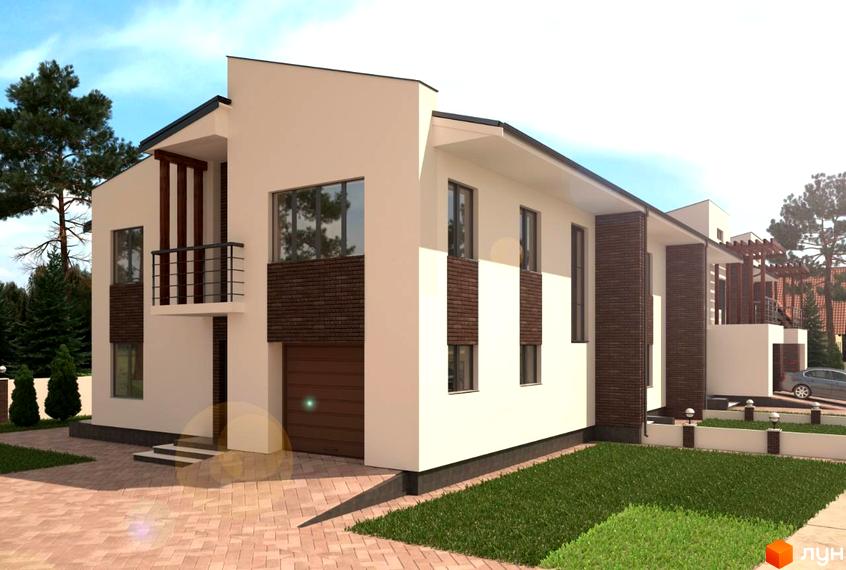 Зображення будинку в ЖК „Банківський“ з білими стінами, коричневими вставками та гаражем. На прибудинковій території газон та бруківка.