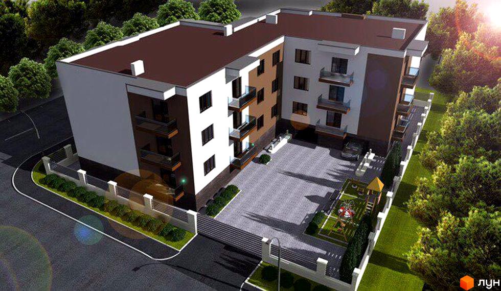 Зовнішній вигляд новобудови на вул. Агатангела Кримського, 33, з балконами та паркінгом. Прибудинкова територія з дитячим майданчиком та зеленими насадженнями.