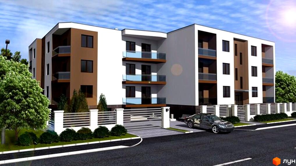 Сучасний житловий комплекс на вул. Агатангела Кримського, 33, з коричнево-білим фасадом та скляними балконами. Озеленена прибудинкова територія з парканом та автомобілем.