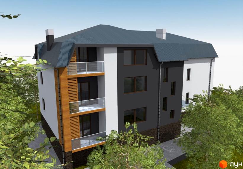 Триповерховий будинок з темно-сірим дахом, балконами зі скляними огорожами та оздобленням фасаду деревом. Навколо будинку зелені дерева та кущі.