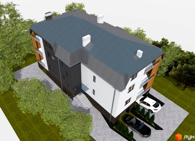 Зображення будинку Житловий комплекс вул. Івана Дзюби (Академіка Павлова), 33. Триповерхова будівля з сірим дахом. Біля будинку парковка для автомобілів та зелені насадження.