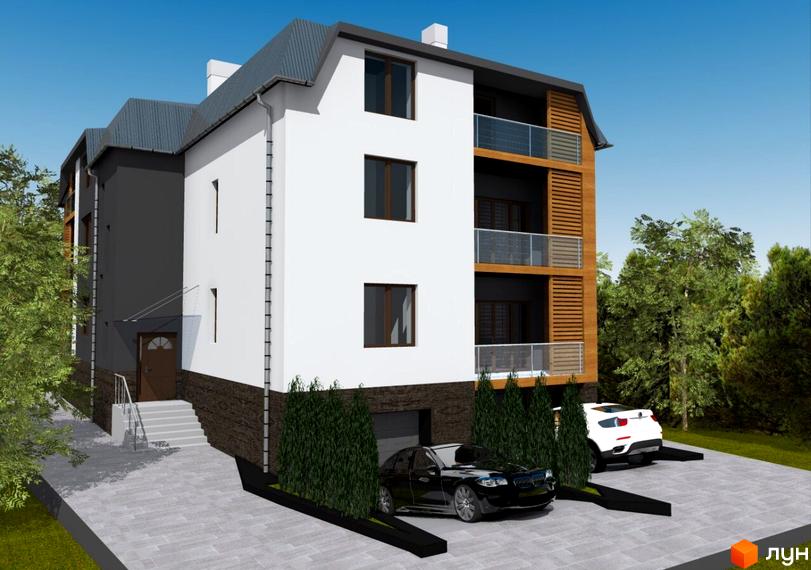 Триповерховий будинок з білими стінами, деревʼяними панелями на балконах та темним дахом. На території є парковка з автомобілями та зелені насадження.