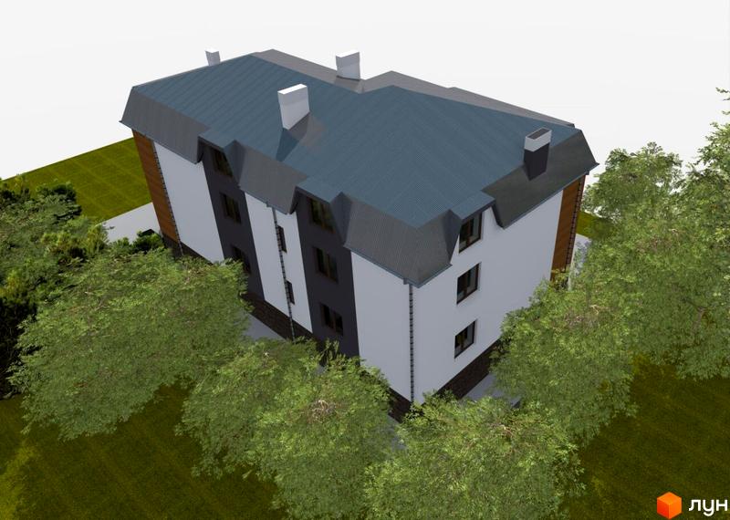 Зображення фасаду будинку Житлового комплексу по вул. Івана Дзюби (Академіка Павлова), 33 з темно-сірим дахом та деревами навколо.