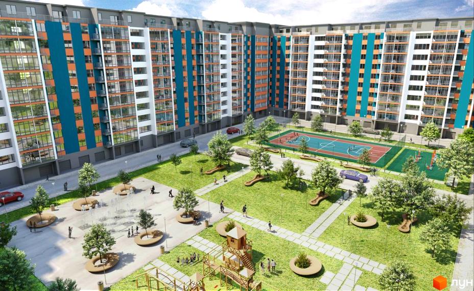 Житловий комплекс Мрія Миколаїв з фасадом у біло-бірюзових тонах та прибудинковою територією з дитячим майданчиком та спортивними зонами.