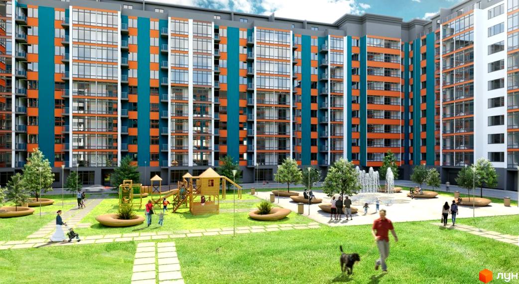 Житловий комплекс Мрія Миколаїв з яскравим фасадом та зеленою прибудинковою територією з дитячим майданчиком та фонтаном.