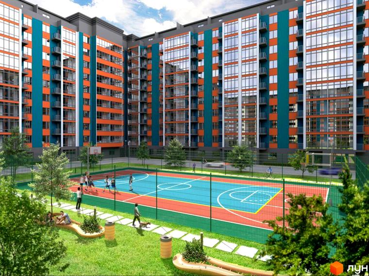 Житловий комплекс Мрія Миколаїв з яскравим фасадом та спортивним майданчиком. На території комплексу розташований баскетбольний майданчик та зона відпочинку.