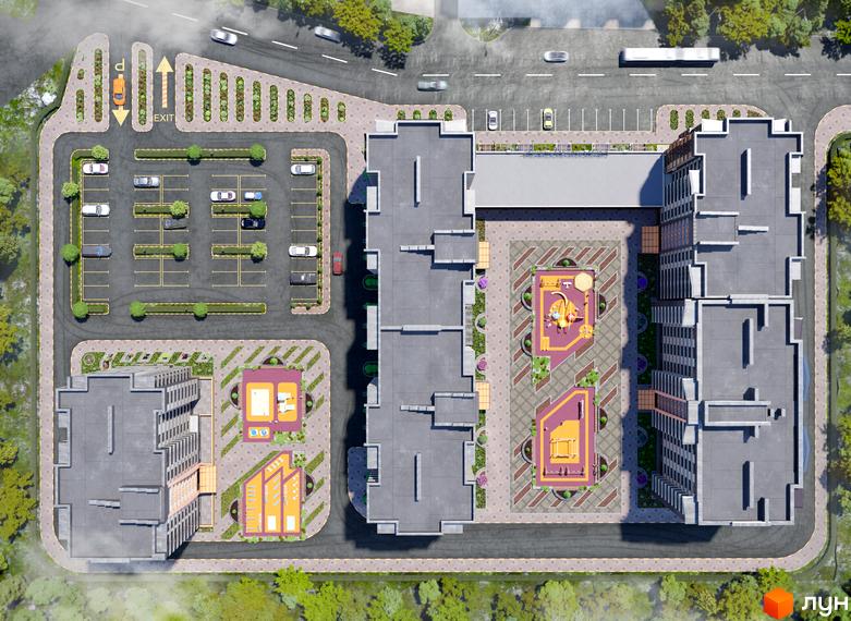 Вид зверху на житловий комплекс Олімпійський з парковкою та дитячими майданчиками. Оцініть планування та інфраструктуру новобудови.