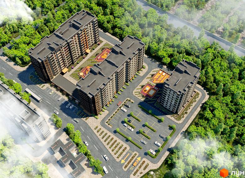 Житловий комплекс Олімпійський з висоти пташиного польоту: кілька багатоповерхових будинків, дитячі майданчики у дворах, парковки та багато зелені.