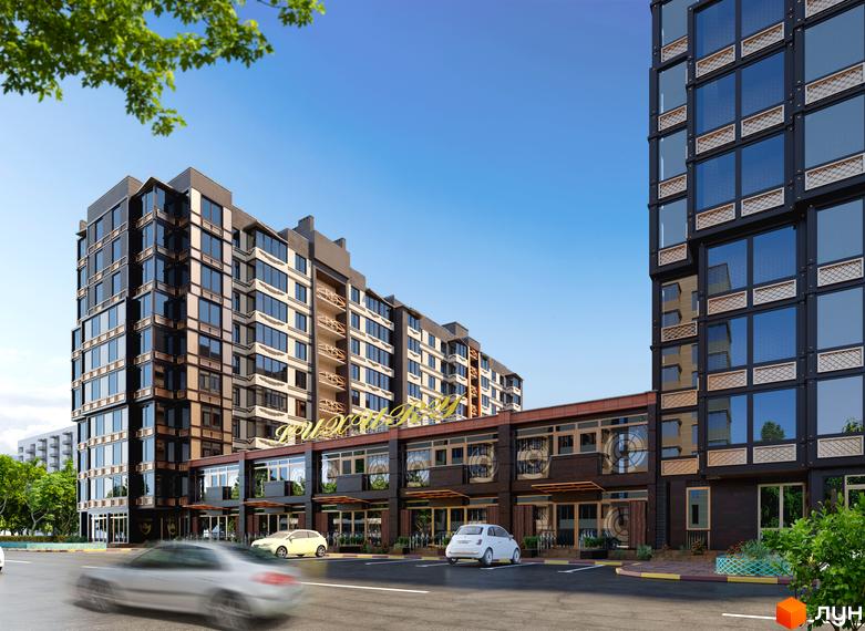 Житловий комплекс Олімпійський: багатоповерхові будинки з комерційними приміщеннями на першому поверсі. Поруч дорога, парковка та зелень.