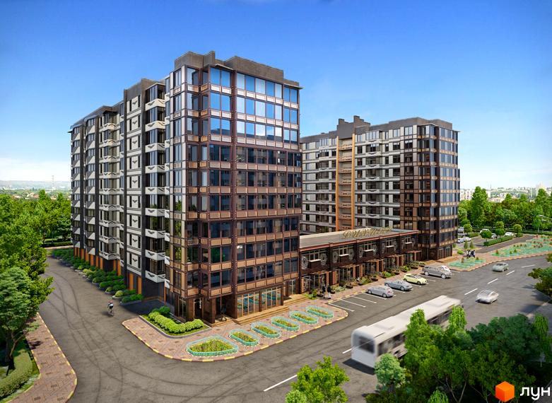 Житловий комплекс Олімпійський: багатоповерхові будинки з великими вікнами. Прилегла територія має дорогу, парковку та зелені насадження.