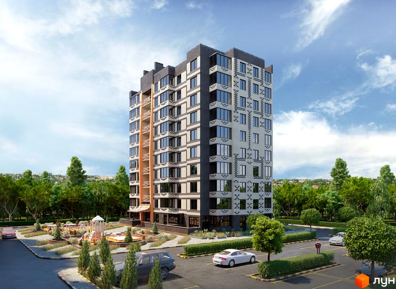 Житловий комплекс Олімпійський: багатоповерховий будинок з контрастним фасадом та візерунками, балконами. Прибудинкова територія з дитячим майданчиком та паркінгом.