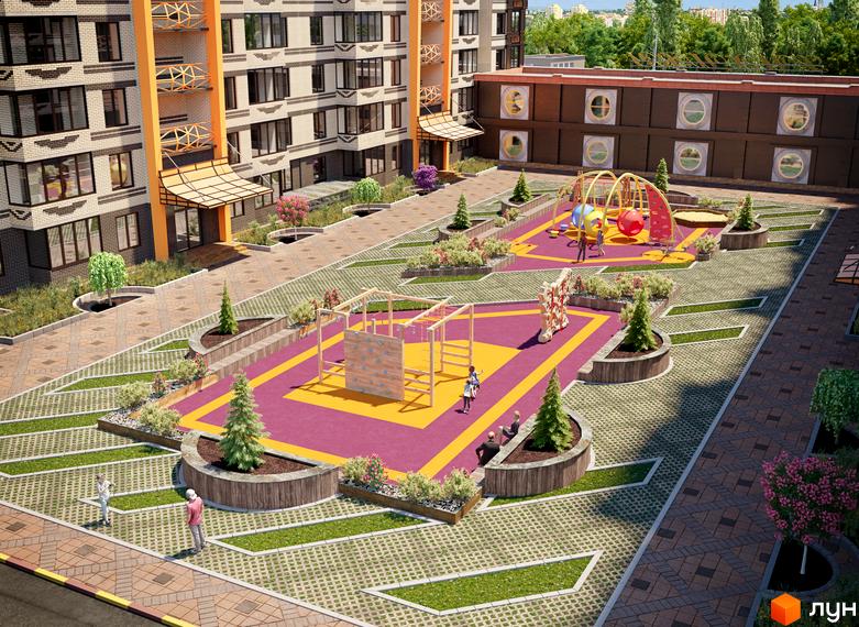 Житловий комплекс Олімпійський з цегляними фасадами та помаранчевими елементами. На прибудинковій території розташовані дитячі майданчики та зелені зони.