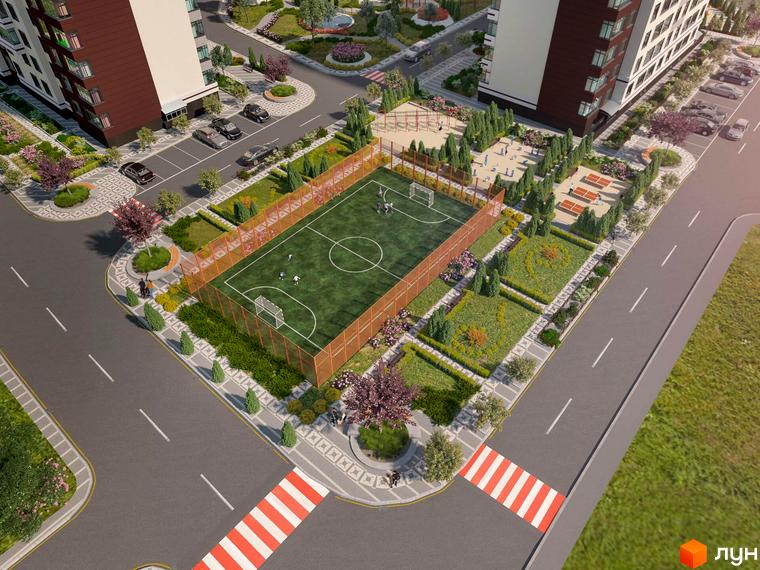 Житловий комплекс PARKLAND з багатоповерховими будинками біло-коричневого кольору. Навколо розташовані зелені зони, дитячі майданчики та спортивні поля.