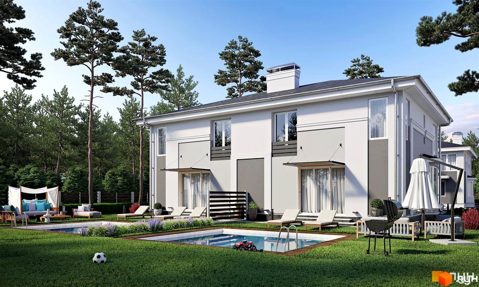 Зовнішній вигляд дуплексів NEW Cottage Residence 2 з басейном та зоною відпочинку на прибудинковій території. Сучасний житловий комплекс з зеленими насадженнями.