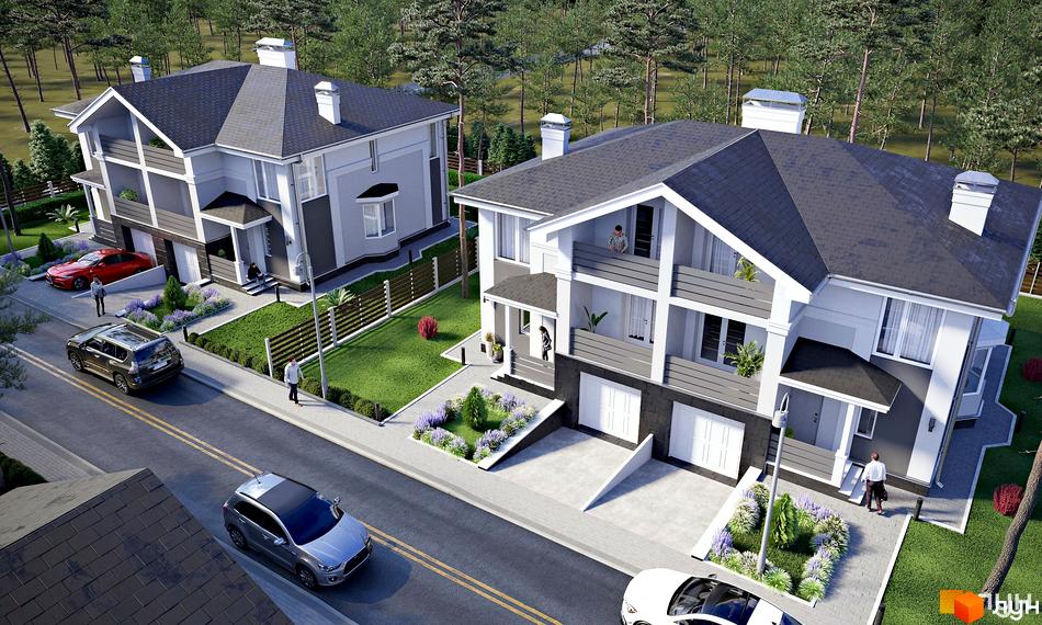 Зовнішній вигляд дуплексів NEW Cottage Residence 2 з гаражами та балконами, прибудинкова територія з доглянутими газонами та квітами.