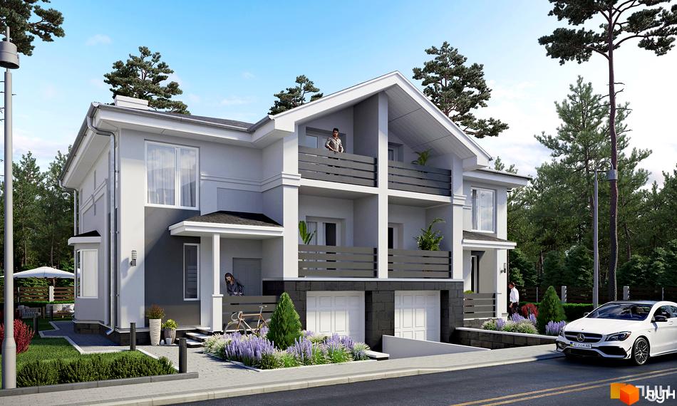 Зовнішній вигляд дуплексів NEW Cottage Residence 2 з прибудинковою територією та автомобілем. Стильна новобудова з балконами та гаражами.