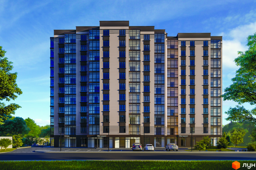 Висотна будівля Житловий комплекс MILLENNIUM HILLS з великою кількістю вікон та комерційними приміщеннями на першому поверсі. Біля будинку є парковка та зелена зона.