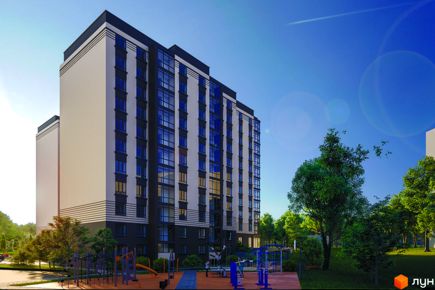Висотна будівля ЖК MILLENNIUM HILLS з великими вікнами та темними акцентами на фасаді. На прибудинковій території розташований дитячий майданчик та зелені насадження.