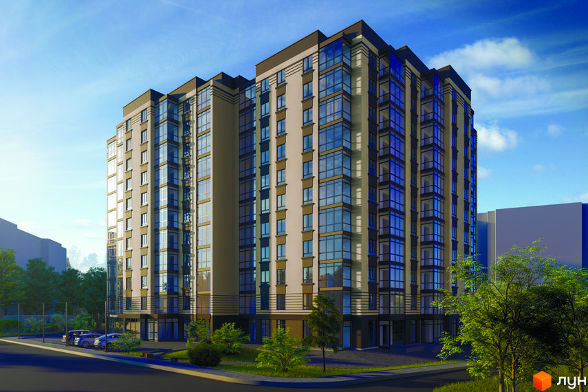 Висотна будівля ЖК MILLENNIUM HILLS з великою кількістю вікон, облицьована світлою цеглою. На передньому плані дорога, дерева та припарковані автомобілі.