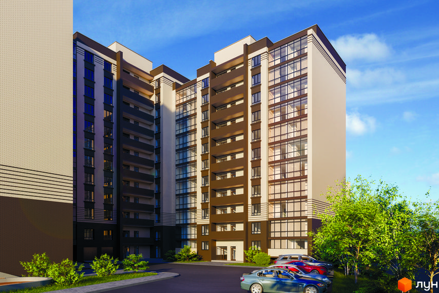 Висотна будівля Житловий комплекс MILLENNIUM HILLS з панорамними вікнами та темними акцентами на фасаді. На прибудинковій території є парковка та зелені насадження.