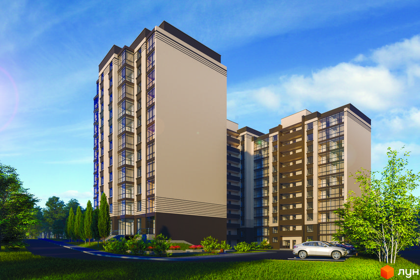 Висотна будівля Житлового комплексу MILLENNIUM HILLS з великими вікнами та світлим фасадом. На прибудинковій території зелені насадження та парковка для автомобілів.