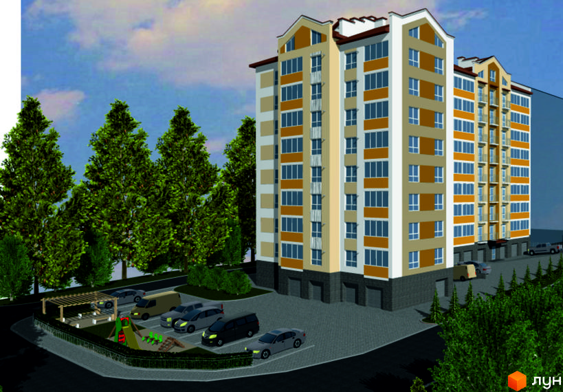 Зображення дев'ятиповерхового будинку в Житловому комплексі Світанковий з паркінгом та дитячим майданчиком. Навколо будівлі ростуть дерева.