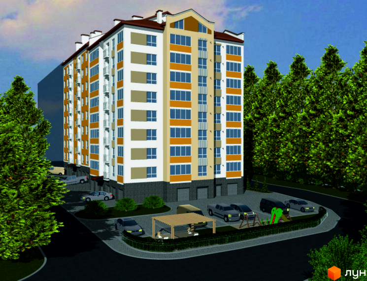Зображення Житлового комплексу Світанковий. Багатоповерховий будинок з паркінгом, дитячим майданчиком та зеленими насадженнями.