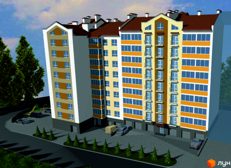 Зображення фасаду та прибудинкової території Житлового комплексу Світанковий. Багатоповерхова будівля з великою кількістю вікон та коричневим дахом.