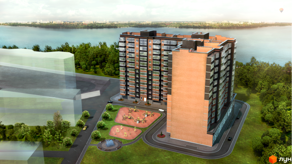 Житловий комплекс Грандбуд з цегляним фасадом та дитячим майданчиком біля річки. Сучасна новобудова з озелененою територією та зоною відпочинку.