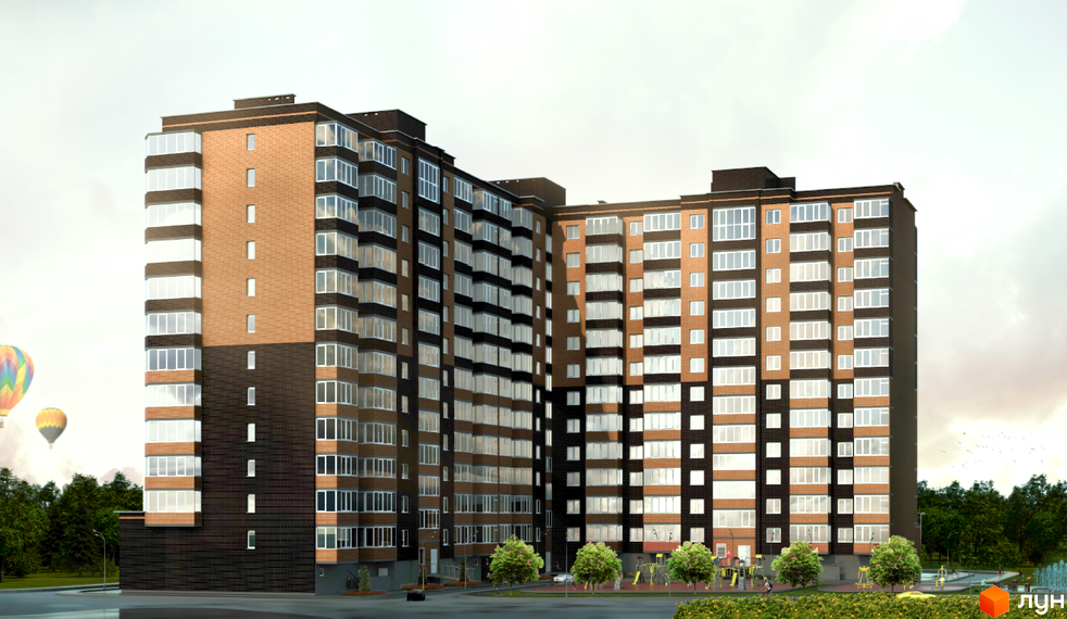 Житловий комплекс Грандбуд – це багатоповерховий будинок з цегляним фасадом та великою кількістю скління. На прибудинковій території розташовані дерева та дитячий майданчик.