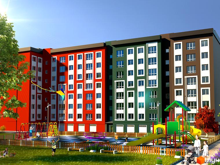 Фасад житлового комплексу Гетьманський у червоному, зеленому та коричневому кольорах з дитячим майданчиком та зеленим газоном.