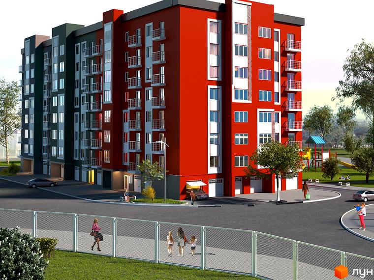 Зовнішній вигляд новобудови ЖК Гетьманський з червоними та сірими фасадами, балконами, вікнами та прибудинковою територією з дитячим майданчиком.