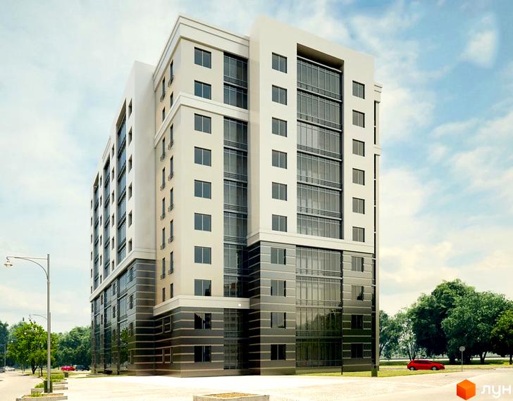 Висотна будівля житлового комплексу з великими вікнами та темним цоколем. Навколо будинку зелені насадження та дорога.