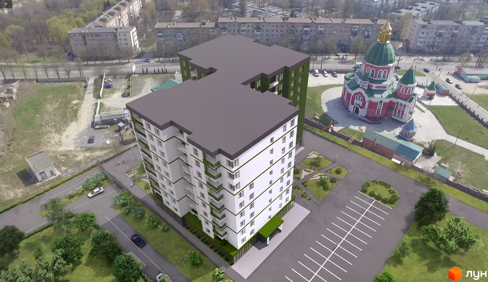 Житловий комплекс Лавровий - це багатоповерховий будинок з білими фасадами, зеленими вставками та балконами. На прибудинковій території розташовані парковка, зелені зони та доріжки.