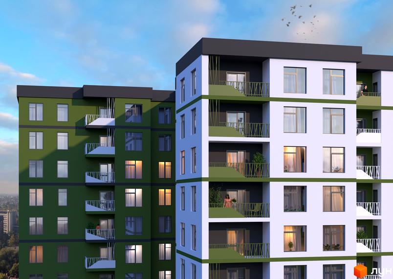 Зовнішній вигляд житлового комплексу Лавровий: багатоповерхові будинки з зеленими та білими фасадами, балконами та вікнами. Навколо видно дерева та блакитне небо з птахами.