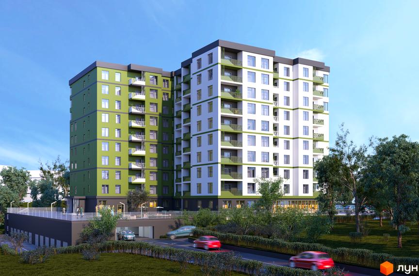 Зовнішній вигляд житлового комплексу Лавровий: зелена та біла будівлі з балконами. Прибудинкова територія з дорогою, автомобілями та деревами.