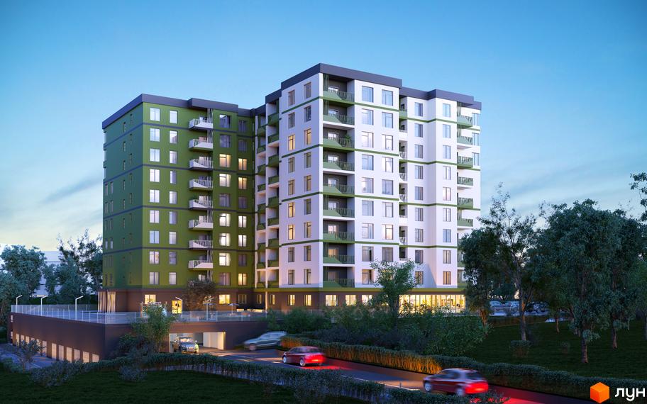 Зовнішній вигляд житлового комплексу Лавровий з зеленими та білими фасадами, балконами та вікнами. Навколо комплексу розташовані дерева та дорога з автомобілями.