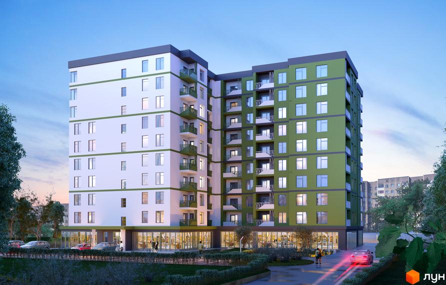 Житловий комплекс Лавровий: багатоповерховий будинок з білими та зеленими фасадами, балконами та панорамними вікнами. Прибудинкова територія з деревами та парковкою.