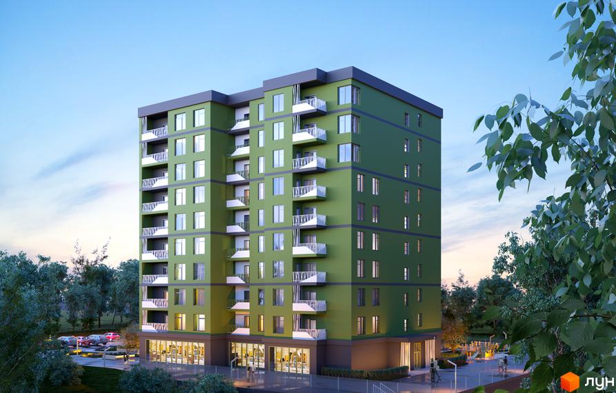 Зовнішній вигляд новобудови ЖК Лавровий з зеленим фасадом та балконами. Навколо будинку розташовані дерева та дитячий майданчик.