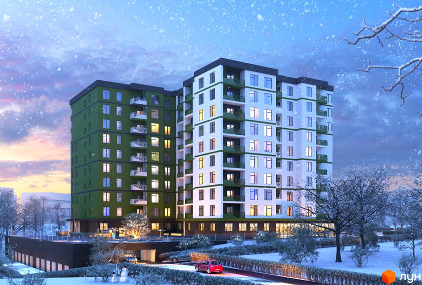 Зовнішній вигляд житлового комплексу Лавровий у зимовий період. Будівля має зелену та білу секції з балконами. Прибудинкова територія вкрита снігом, з деревами та доріжками.