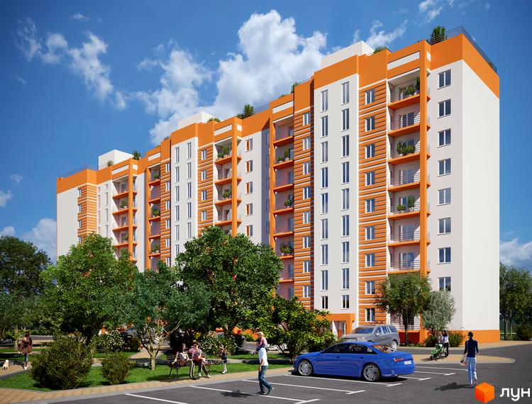 Житловий комплекс Апельсин - це багатоповерховий будинок з яскравим помаранчевим фасадом та балконами. Навколо будинку розташовані зелені дерева, кущі, лавочки та парковка з автомобілями.