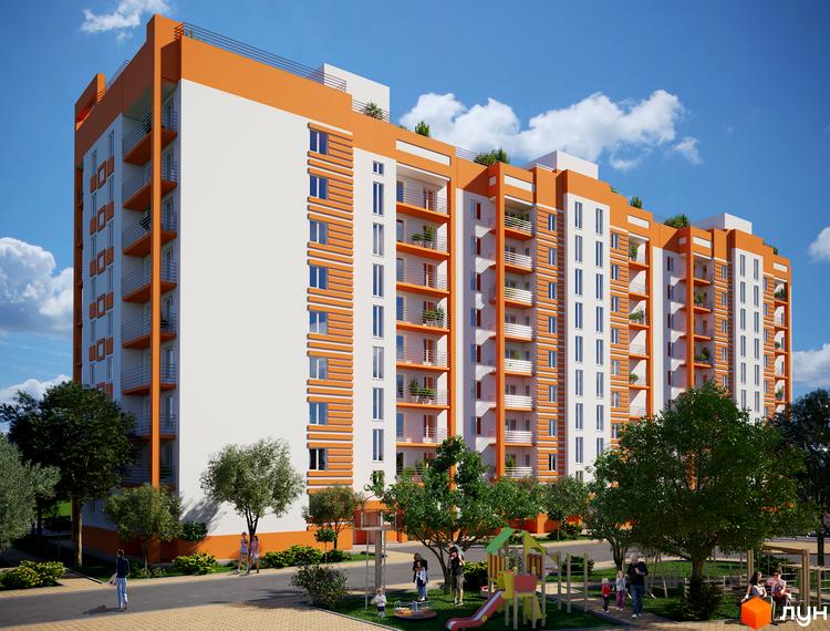 Житловий комплекс Апельсин: багатоповерховий будинок з білими та помаранчевими фасадами, балконами. Прибудинкова територія має дитячий майданчик та дерева.