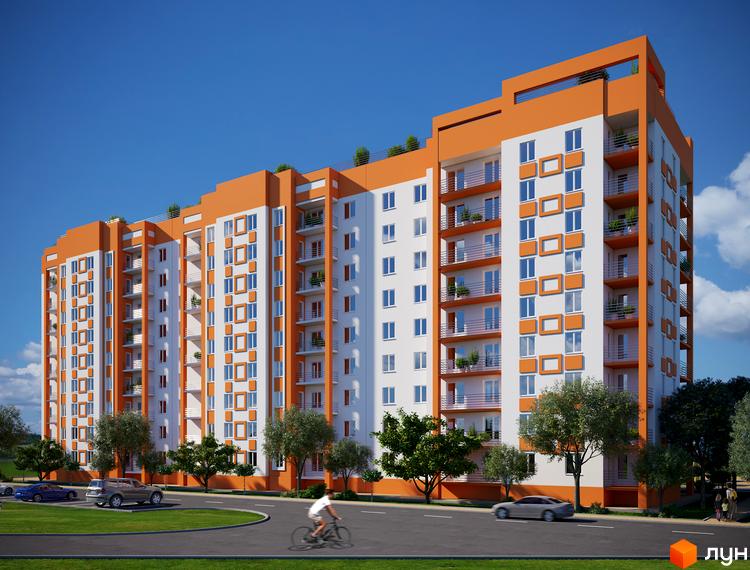 Житловий комплекс Апельсин: багатоповерховий будинок з білими стінами та яскравими помаранчевими акцентами, розташований біля дороги з прибудинковою зеленню.