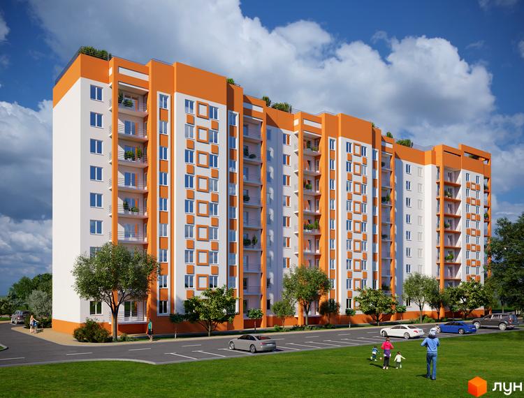 Житловий комплекс Апельсин - це багатоповерхова новобудова з яскравим фасадом в помаранчево-білих тонах. Навколо будинку розташована доглянута прибудинкова територія з зеленими насадженнями та місцями для паркування.