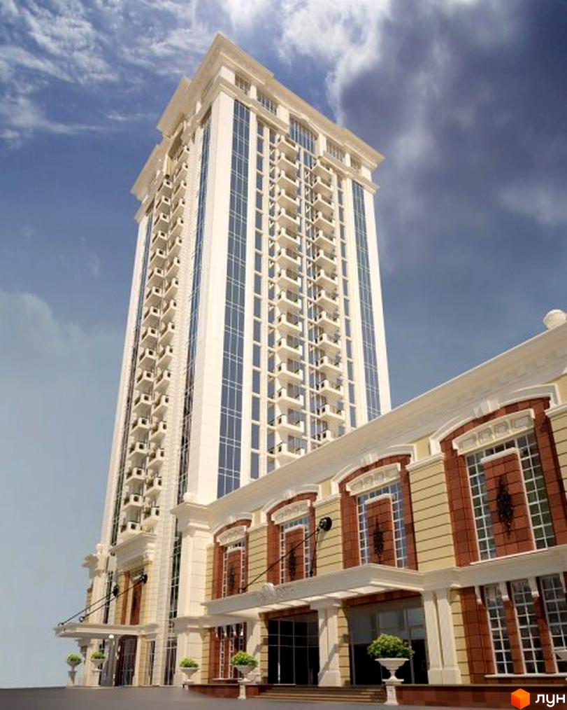 Клубний будинок Арт Холл: висока будівля світлого кольору з численними балконами та скляними фасадами. Вхідна група оздоблена цеглою та колонами, з рослинами у вазах.