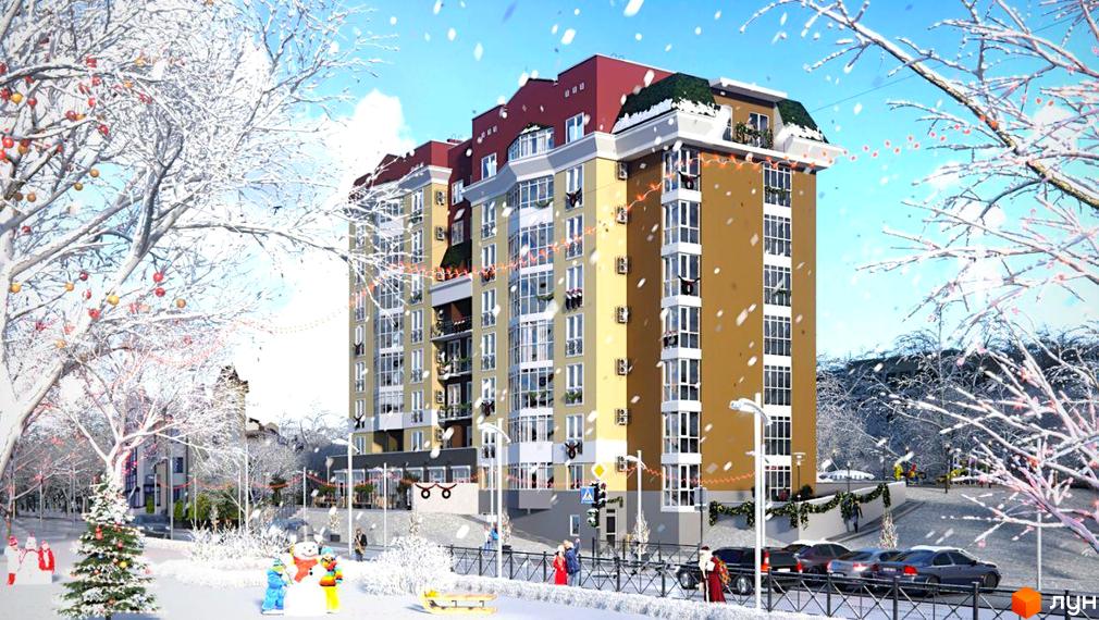 Житловий комплекс Козацький: багатоповерховий будинок зі світлим фасадом та червоним дахом у зимовому пейзажі з різдвяними прикрасами.