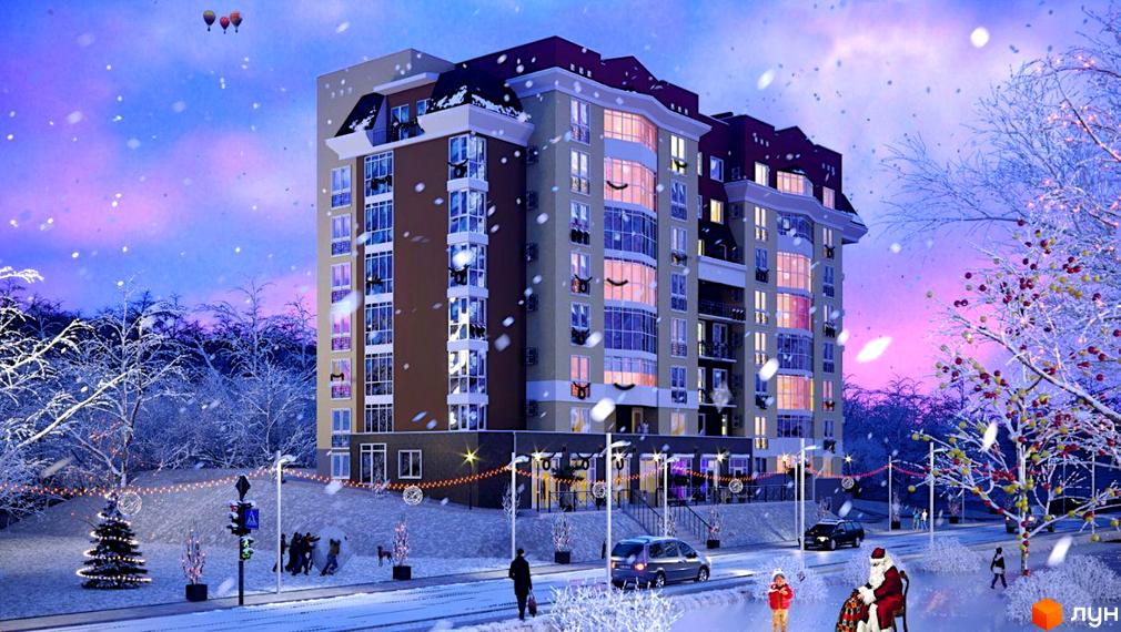 Житловий комплекс Козацький взимку: багатоповерховий будинок з вікнами, прикрашений гірляндами. Засніжений двір з ялинкою та людьми.