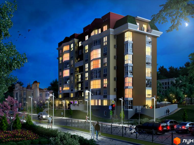 Новобудова Козацький ввечері: багатоповерховий будинок з освітленими вікнами. Прибудинкова територія має дорогу, дерева та вуличне освітлення.